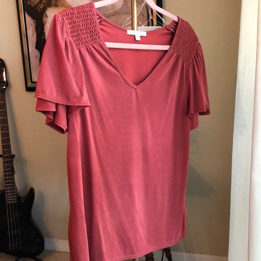 Green Envelope Rust or Burnt Orange Ruffle Sleeve with pin-tuck detail Shirt